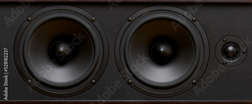 Black speaker system speakers close-up. Wide format for a banner, macro shot photo