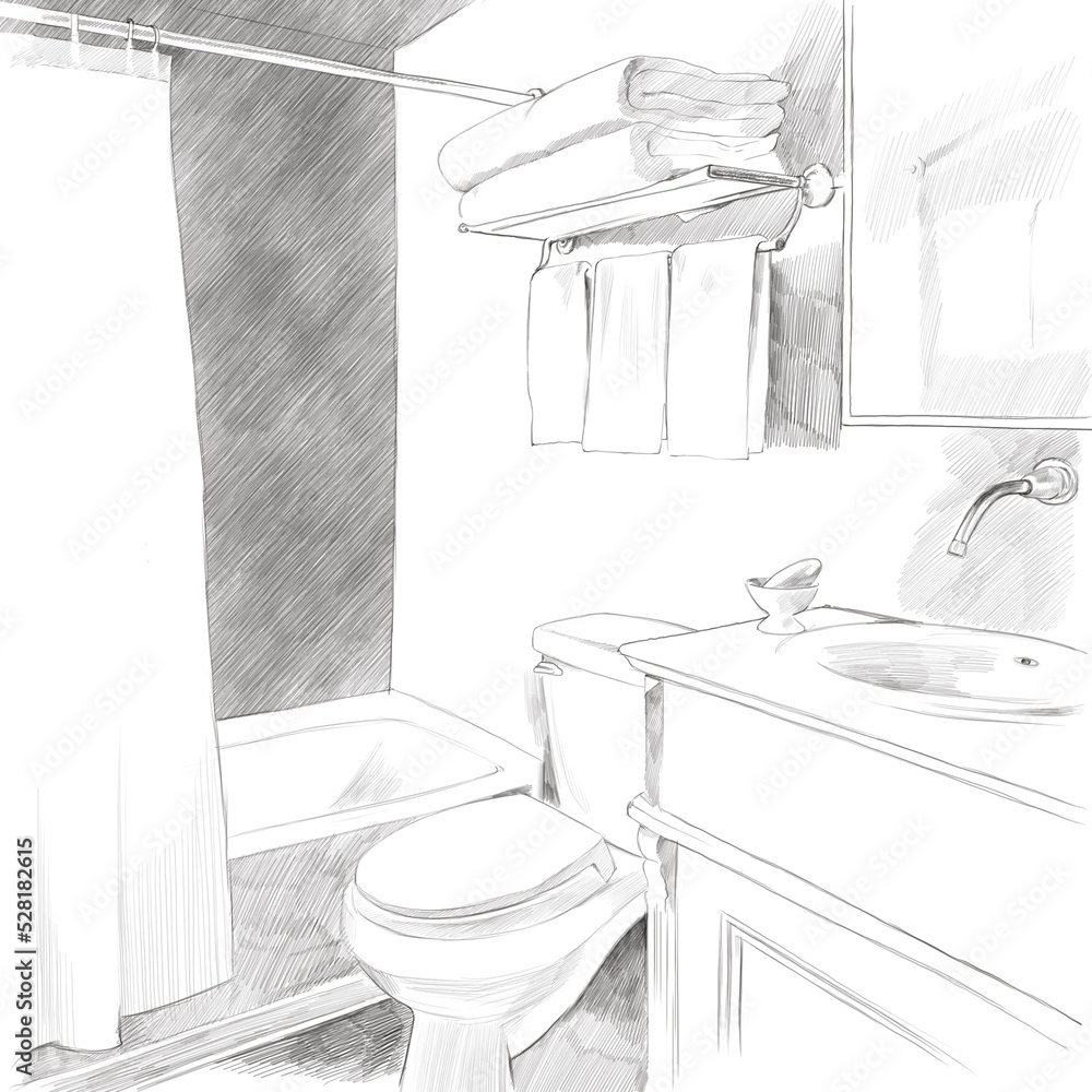 Pencil drawing of bathroom and sink Stock Illustration | Adobe Stock