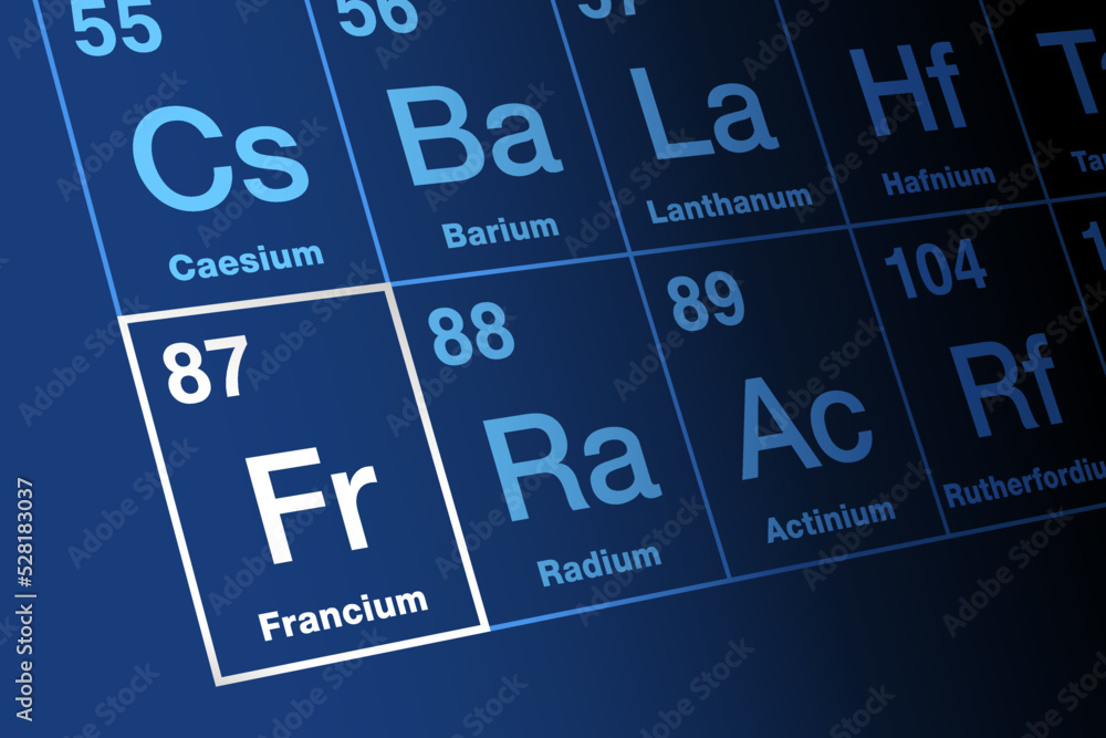 Francium, on periodic table of the elements. Radioactive alkali metal, with symbol Fr, named after France, with atomic number 87. Because of its instability and rarity only used for research purposes. Francium, on periodic table of the elements. Radioactive alkali metal, with symbol Fr, named after France, with atomic number 87. Because of its instability and rarity only used for research purposes.