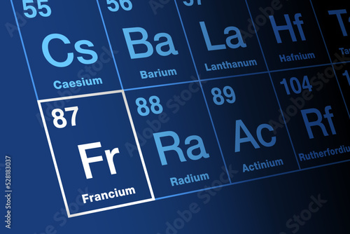 Francium, on periodic table of the elements. Radioactive alkali metal, with symbol Fr, named after France, with atomic number 87. Because of its instability and rarity only used for research purposes.