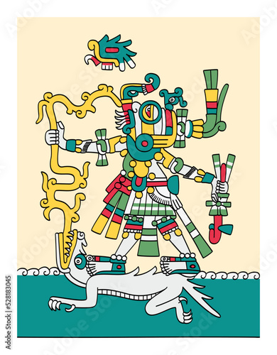 Tlaloc, Aztec god of the rain, earthly fertility and water, giver of life and sustenance. Depicted with goggle eyes, fangs, feathered mask, lightnings and water dwelling creatures, such as crocodiles.