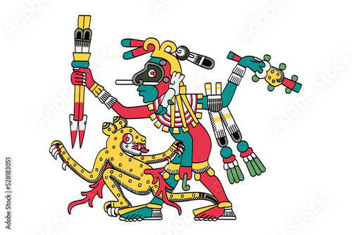 Mixcoatl hunting a jaguar. Aztec god of the hunt, identified with the Milky Way, the stars and the heavens. Also known as Camaztle or Camaxtli. Depicted with a black mask, body paint and hunting gear.