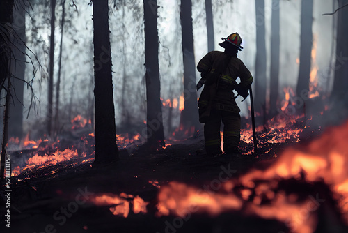 3d illustration of wildfire burning through a forest disaster catastrophe fire man put out the fire