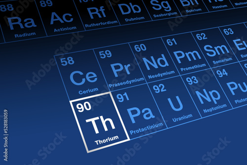 Thorium, on periodic table of the elements, in the actinide series. Radioactive metallic element with atomic number 90, and symbol Th, named after the Norse god Thor. Nuclear fuel in thorium reactors.