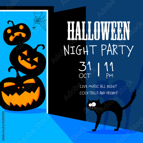 Halloween banner for night party dedicated to October 31 celebration. Halloween party invitation, flyer or poster with scary faced pumpkins in the doorway, spider weaving the web and funny scared cat.