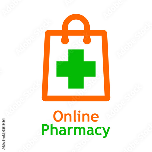 Logo tienda de farmacia en línea. Medicamentos en línea. Bolsa de la compra con cruz farmacia lineal