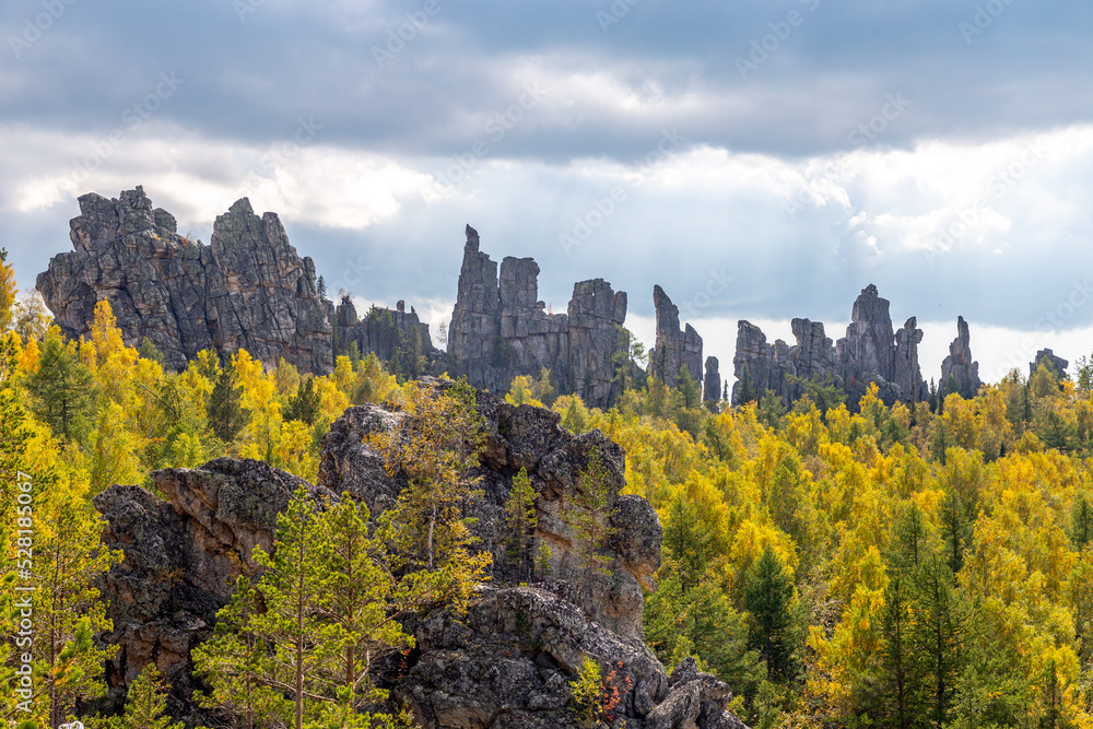 Inzer teeth (Inzer rocks) near the Tirlyansky village. Russia, South Ural, Bashkortostan Republic, Beloretsky region.