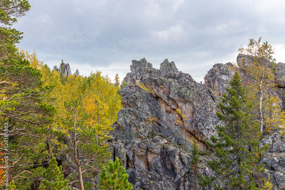 Inzer teeth (Inzer rocks) near the Tirlyansky village. Russia, South Ural, Bashkortostan Republic, Beloretsky region.
