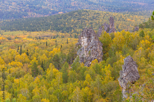 Inzer teeth (Inzer rocks) near the Tirlyansky village. Russia, South Ural, Bashkortostan Republic, Beloretsky region. photo