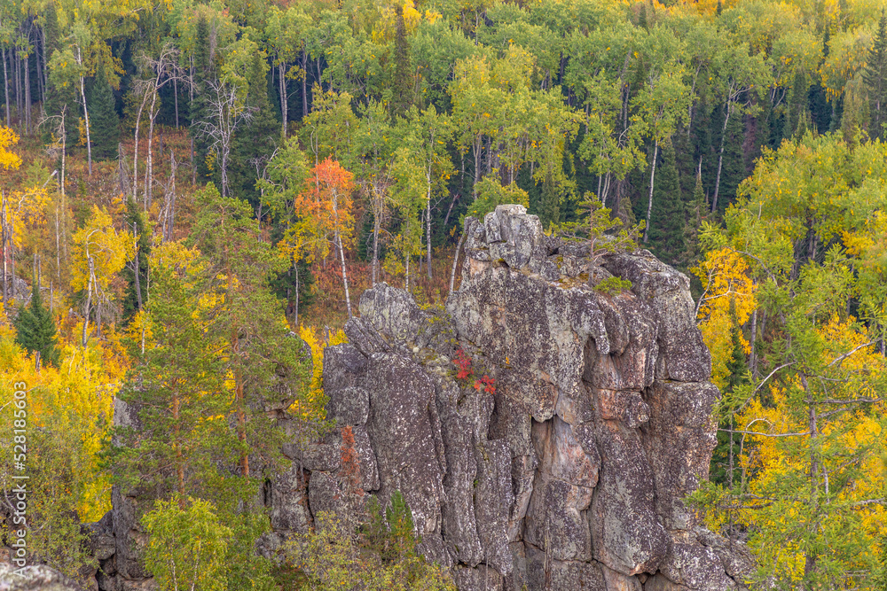 Inzer teeth (Inzer rocks) near the Tirlyansky village. Russia, South Ural, Bashkortostan Republic, Beloretsky region.