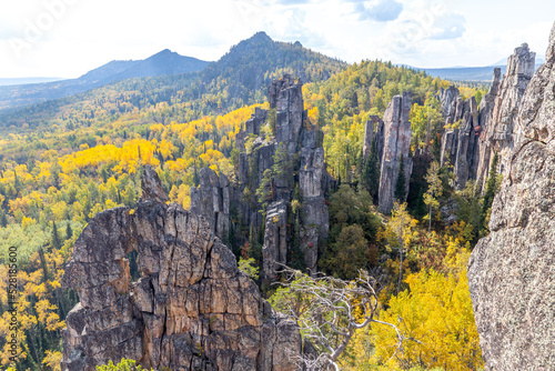 Inzer teeth (Inzer rocks) near the Tirlyansky village. Russia, South Ural, Bashkortostan Republic, Beloretsky region. photo