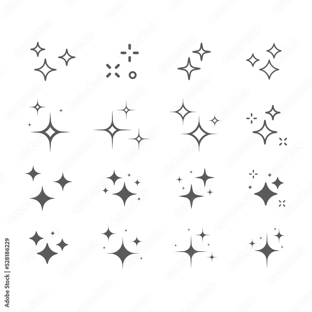 Clean, shine and sparkle black vector icon set. Star shining filled and line icons. 