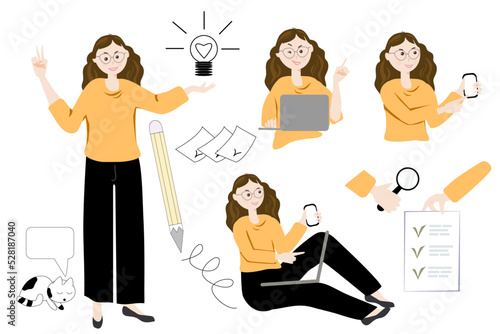Business woman with laptop. Digital marketing icons set.