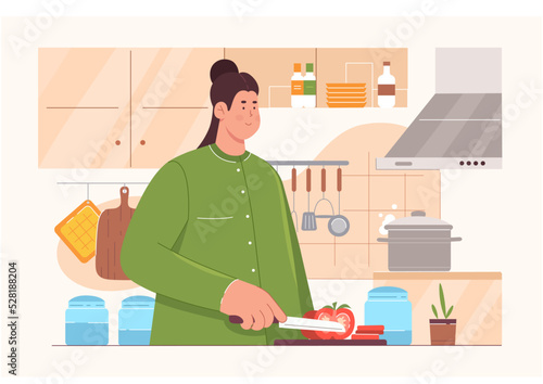 Cooking in kitchen, love to cook vector illustration. Cartoon female young chef character holding knife to cut vegetables for family dinner, woman preparing food for healthy nutrition and diet
