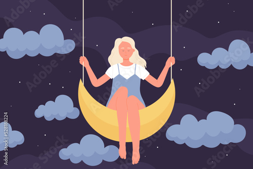 Girl sitting on moon in sleep at night vector illustration. Cartoon young cute woman with long hair riding crescent swing among silhouettes of clouds, fantasy and romantic dreams of female character