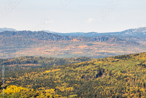 Beautiful view from the Sudovaya mountain to Inzer rocks, Yamantau mountain, Iremel mountain. Russia, South Ural, Bashkortostan Republic, Beloretsky district, near the Tirlyansky village.