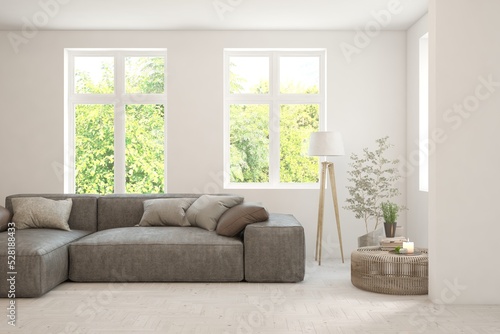 Wallpaper Mural Minimalist living room in white color with sofa and summer landscape in window. Scandinavian interior design. 3D illustration Torontodigital.ca
