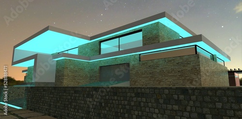 Illumination of the exterior of a country house with turquoise lighting. The LED strip accentuates the minimalist, straight architectural lines of the building's facade. 3d render.
