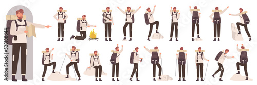 Male tourist character in side, front and back view set vector illustration. Cartoon man holding map, backpack and hike sticks trekking, climbing on nature rocks, hiker pointing isolated on white