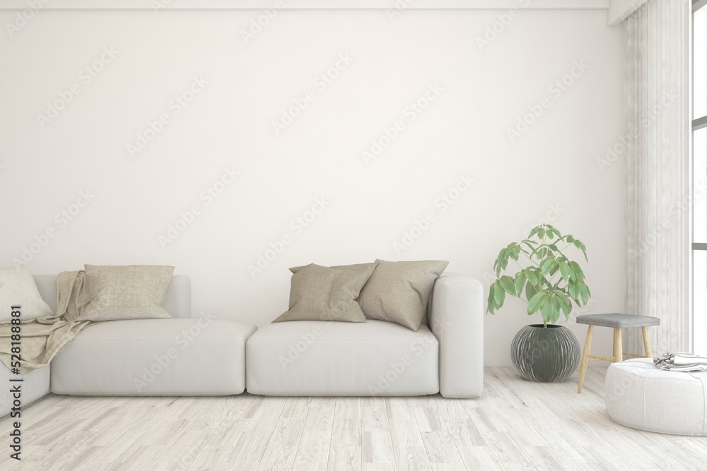 White living room with sofa. Scandinavian interior design. 3D illustration White living room with sofa. Scandinavian interior design. 3D illustration