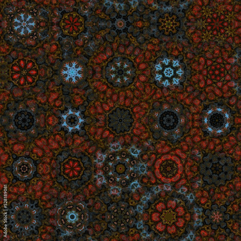 Design of flowers blooming in the forest with traditional motif lines and angles.  Kaleidoscope concept, seamless pattern, geometry, fractal.  Great for business, home interiors and websites