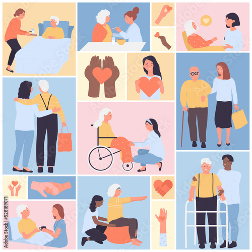 Volunteers help elder people set vector illustration. Cartoon young nurses hug senior patients, support and assistance for smiling old person in square collage background. Voluntary, charity concept