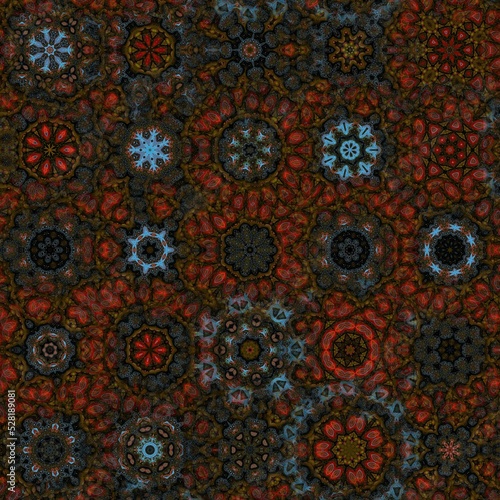 Design of flowers blooming in the forest with traditional motif lines and angles. Kaleidoscope concept, seamless pattern, geometry, fractal. Great for business, home interiors and websites