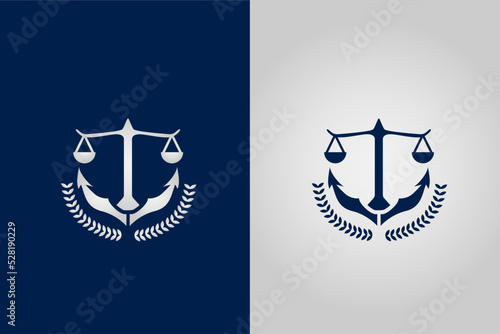 law office logo concept design with greek style columns formed by scales of justice and ship hook