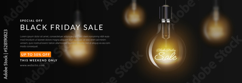 Black friday sale banner, glowing lamp bulb hanging on black background. Design for digital online marketing, 3d realistic vector illustration