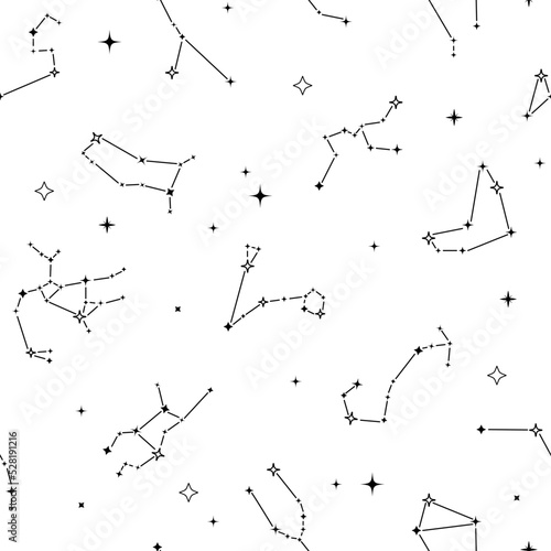 Celestic seamless pattern constellations and stars on white background. Magic zodiac texture. Mystical esoteric boho background for fabric, astrology, wrapping paper. Vector illustration