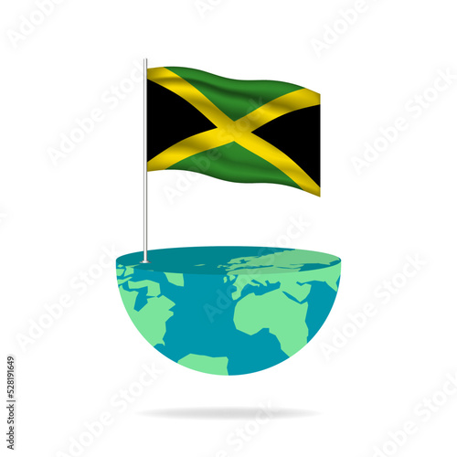 Jamaica flag pole on globe. Flag waving around the world. Easy editing and vector in groups. National flag vector illustration on white background.