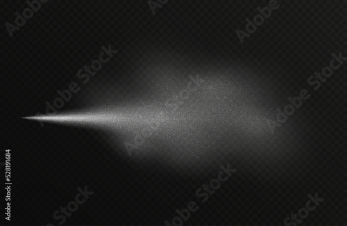 Water spray effect, realistic cosmetic mist, transparent atomizer splash. White fragrance aerosol texture, abstract cosmetic haze isolated on black. Vector illustration.