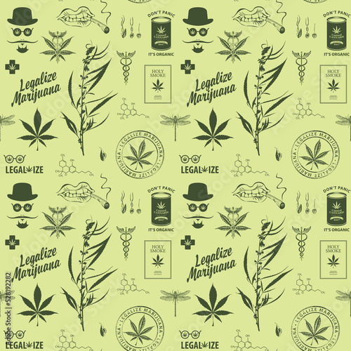 Vector seamless pattern in retro style on a theme of marijuana legalization. Repeating background with cannabis plant, hemp leaves, hipster face and other sketches on a light green backdrop