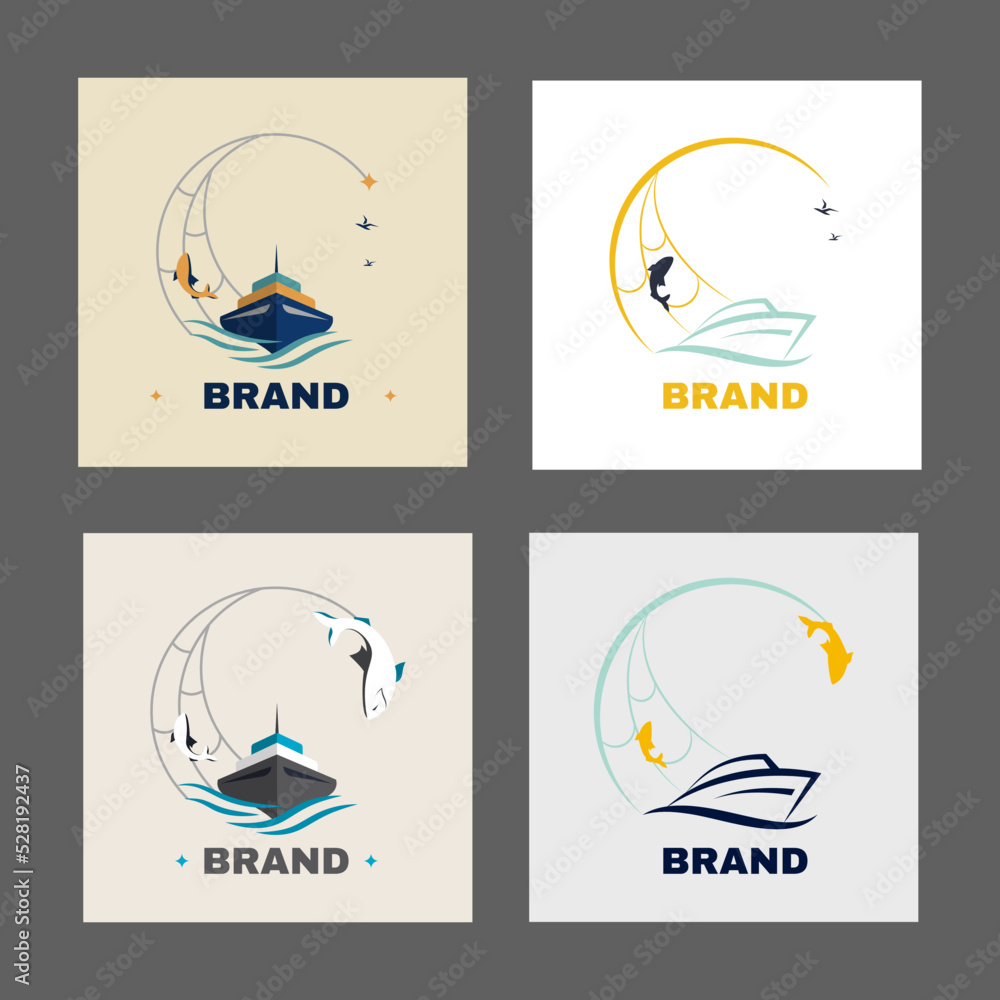Fishing logo collection with fish boat. vector illustration.