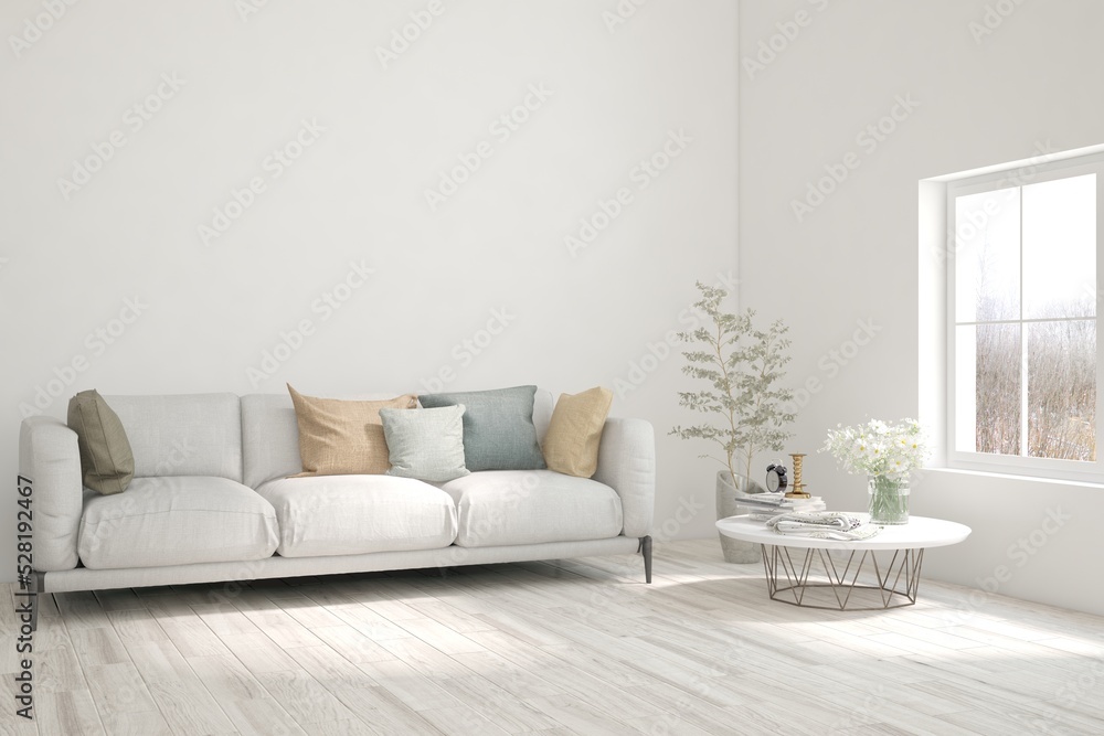 White living room with sofa. Scandinavian interior design. 3D illustration White living room with sofa. Scandinavian interior design. 3D illustration