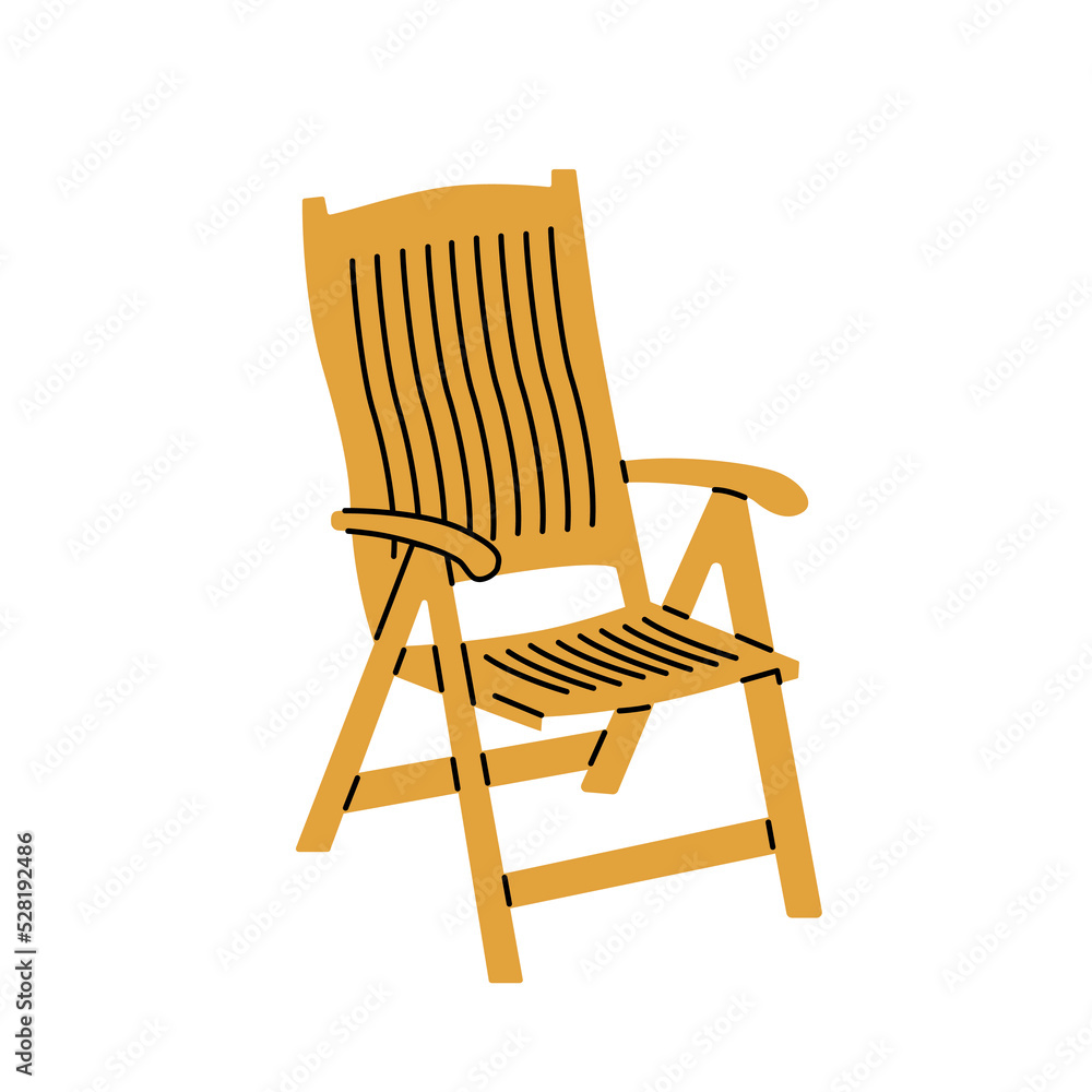 Folding chair with arms vector flat illustration. Colored furniture for those outdoor dinner. Portable classic chairs for cafe, boat, patio. Isolated flat object on white background