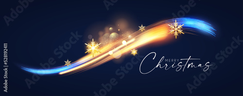 Merry Christmas shining celeration with motion light and gold snowflakes.