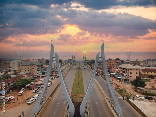 An overhead view of the bridges in the city of Awka, Anambra state showing the skyline at sunset