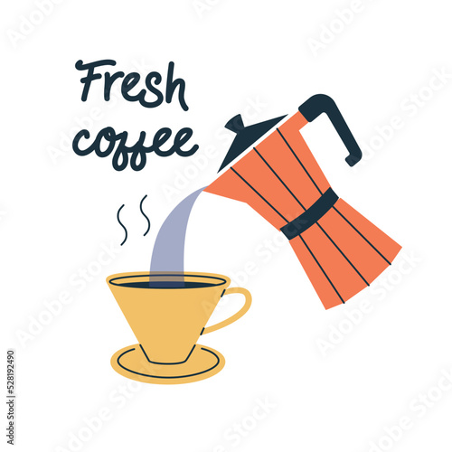 Stylish illustration with cup of coffee and moka pot. Fresh coffee quote. Pouring coffee from geyser coffee maker to cup poster. Methods of brewing coffee flat vector. Coffee lover concept