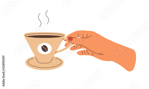 Cup of black coffee flat illustration. Female hand with manicure holding beverage. Hot drink for breakfast vector design