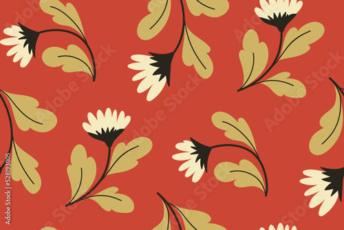 Seamless pattern with decorative art autumn botany. Elegant floral print, vintage style botanical background with hand drawn wild plants: flowers, leaves on a branch. Vector illustration.