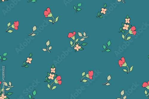 Seamless floral pattern, cute ditsy print with small hand drawn plants on a blue background. Pretty girly botanical surface design with mini flowers, leaves in an abstract composition. Vector.