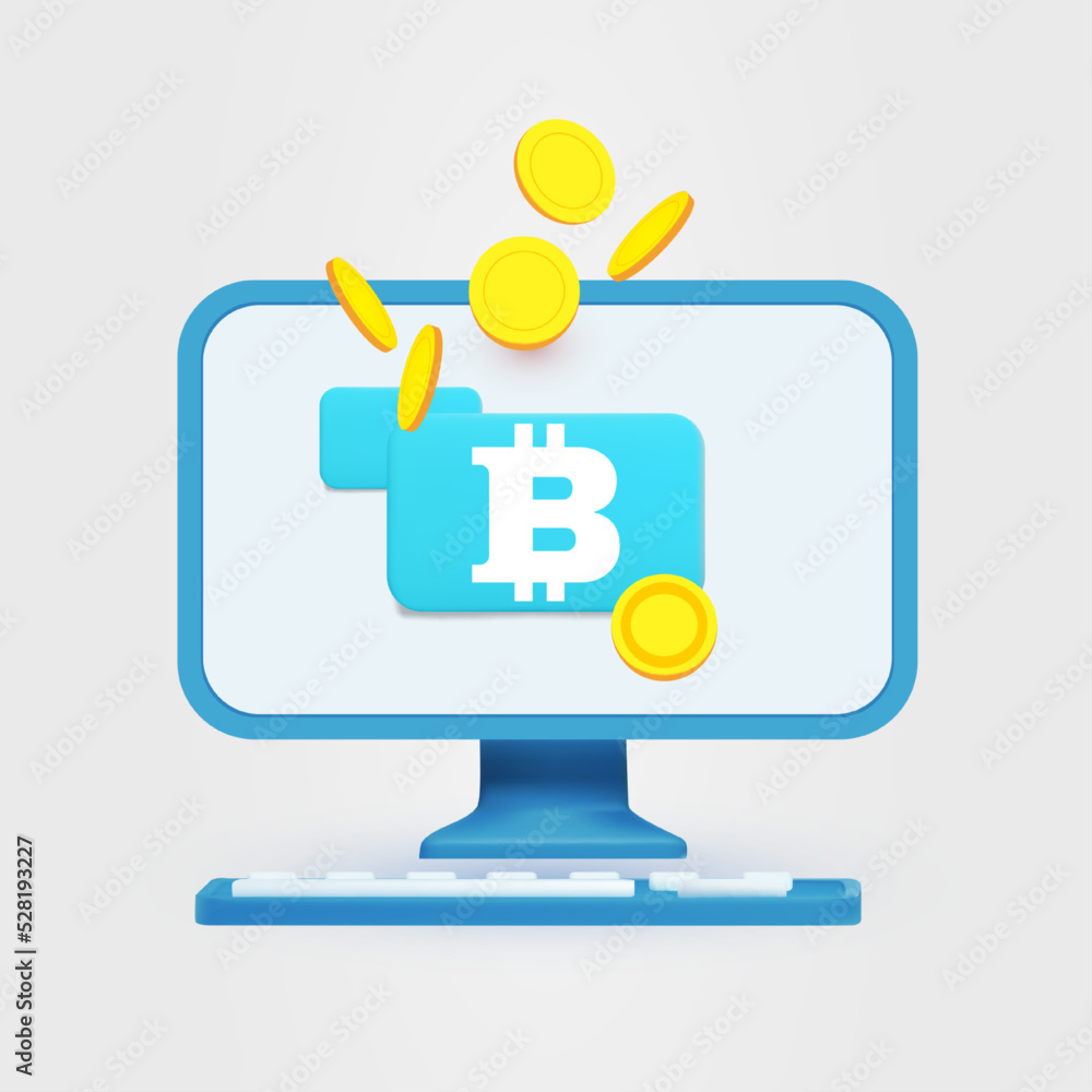 Bitcoin. Crypto concept. E-money exchange design with pc, shield and coins Bitcoin. Crypto concept. E-money exchange design with pc, shield and coins