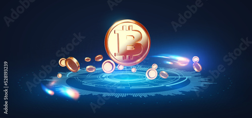 Bitcoin. 3D render crypto money symbol with light effects. Cryptocurrency coin