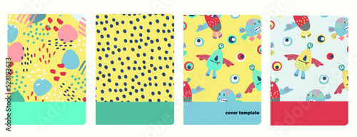 Cover page templates based on patterns with hand drawn funny monsters, fantasy shapes and Hey Bro lettering. Background for school notebooks, kids diaries, albums