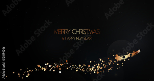 Merry Christmas and Happy New background. Reindeers and Santa with Santas sled on dark background. Vector illustration