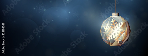 Merry Christmas and Happy New Year. Luxury Christmas ball, baubles with Snowflakes. Low polygon model design. Vector illustration