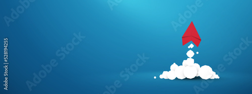 Red paper airplanes are flying in the blue sky. Launch. Leadership. Origami paper. Vector illustration
