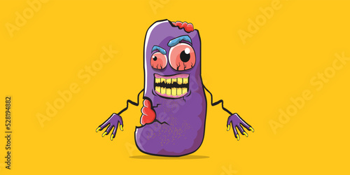 vector funny cartoon spooky violet zombie potato character isolated on orange background. Zombie potato vector concept halloween background and label. Dead monster vegetable funky character