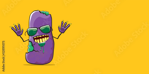 vector funny cartoon spooky violet zombie potato character isolated on orange background. Zombie potato vector concept halloween background and label. Dead monster vegetable funky character